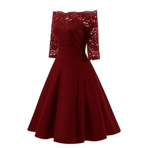 Women Vintage Lace Cocktail Party Dress burgundy XL Off Shoulder 3/4 Sleeve Semi